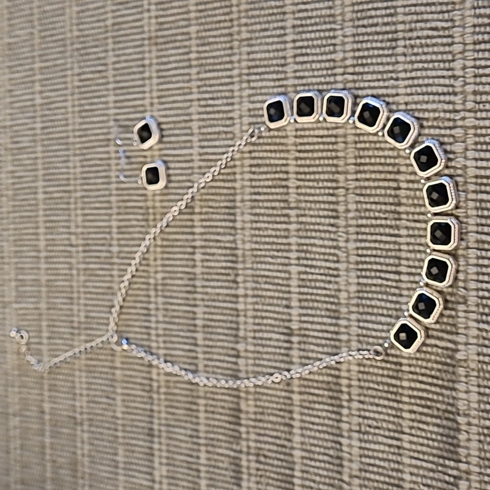 Black Facets Silvertone Set Necklace and Earrings